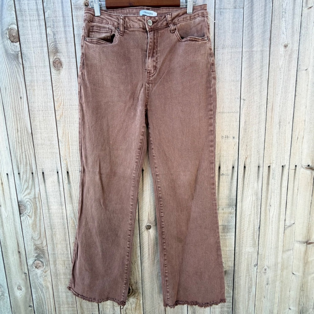 Zenana Large Brown Raw Hem Flare Jeans High Rise Boho Western Retro 70s Indie